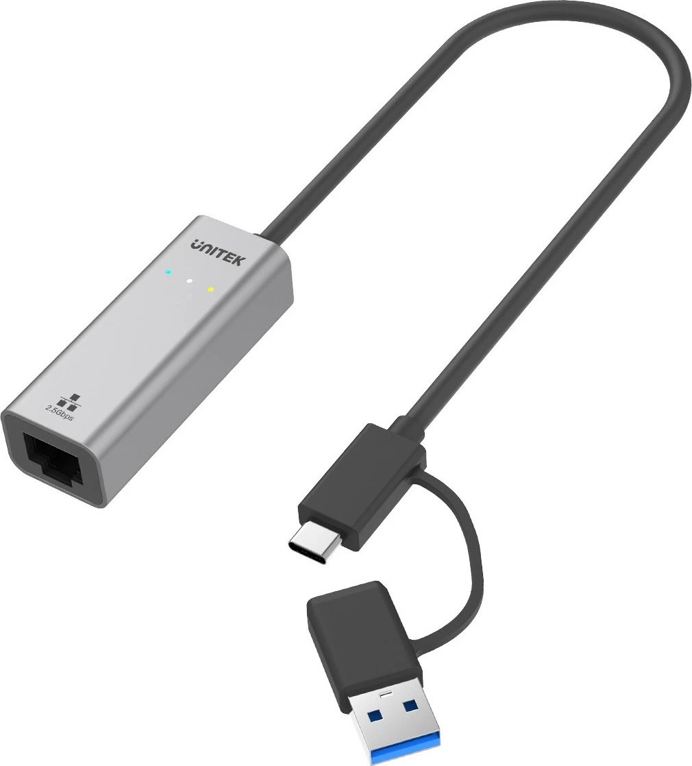 Adapter LAN Unitek U1313C, USB-A/C në RJ45, 2.5 Gbps, Gri/Argjend