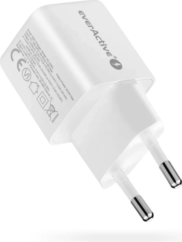 Adapter energjie GaN everActive SC-330Q, 20W, 1x USB, 1x USB-C, Bardhë