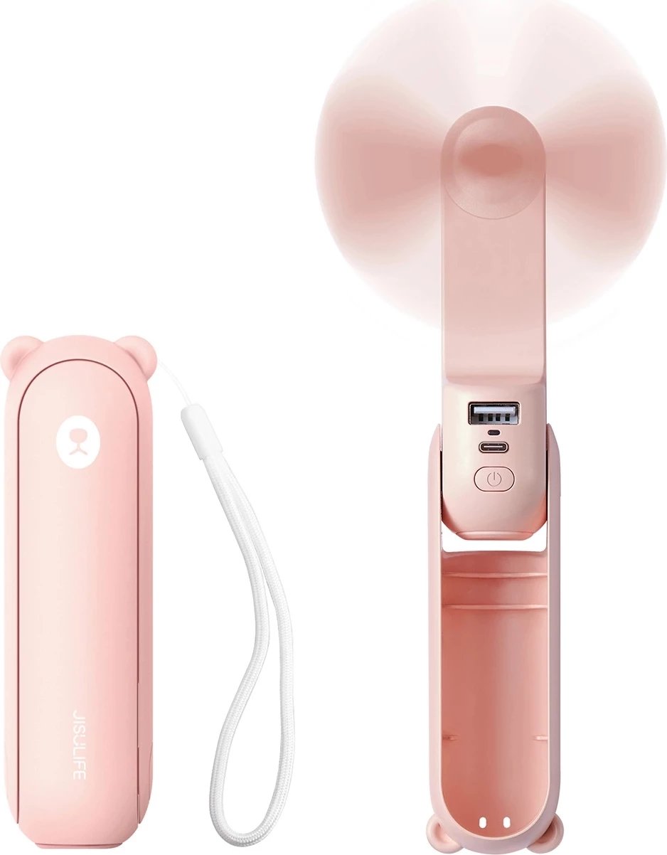 Ventilator dore Jisulife Life8 Plus, 4500 mAh, USB-C, me power bank dhe dritë LED, Rozë