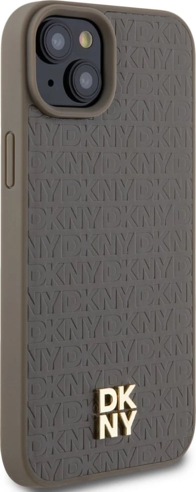 Mbështjellës DKNY Leather Pattern Metal Logo MagSafe për iPhone 15/14/13, Kafe