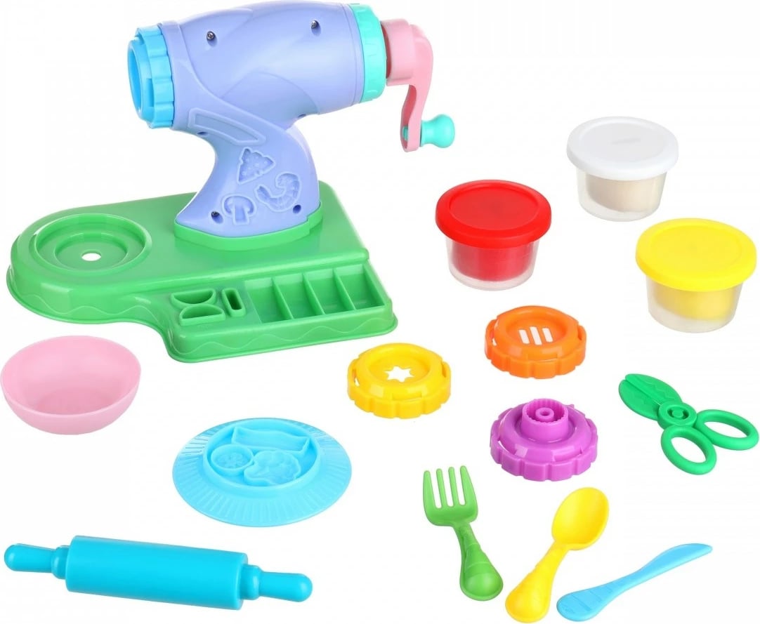 Set plastelinash Smily Play SP83937 me makinë makarona, 3 ngjyra, me vegla dhe aksesorë