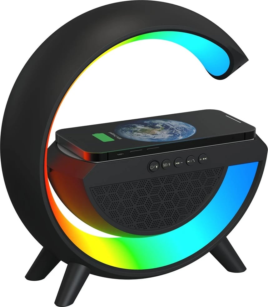 Llambë tavoline Activejet AJE-SOLO RGB, me altoparlant Bluetooth dhe karikues wireless, 2400 mAh, e zezë