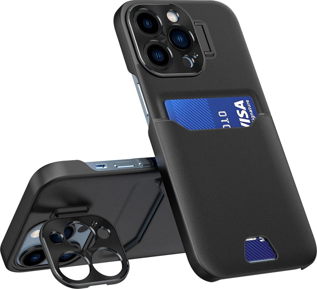 Mbështjellës Hurtel Leather Stand Case për iPhone 14 Pro, me xhep kartelash dhe mbajtëse, e zezë