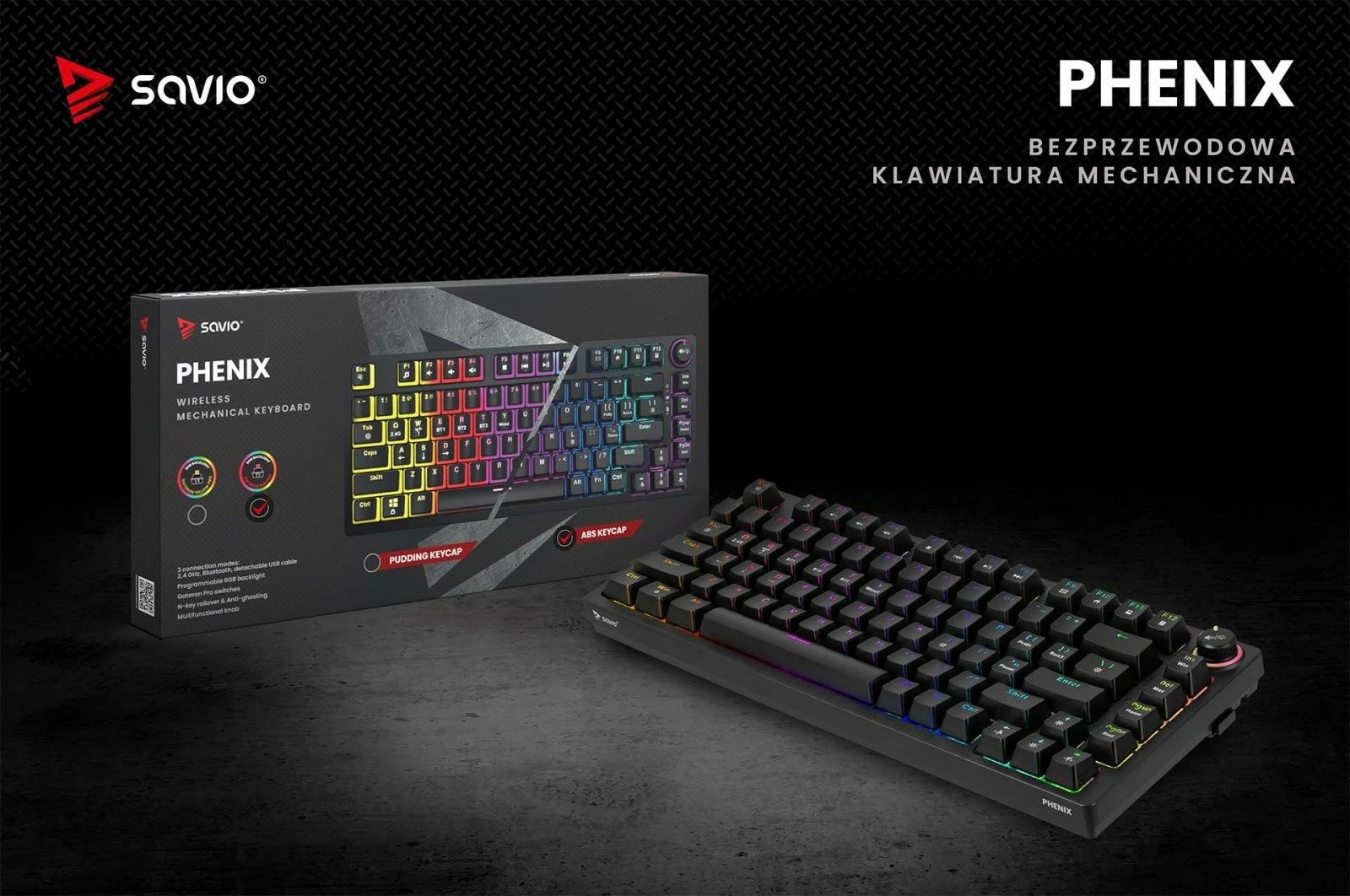 Tastierë mekanike wireless Savio Phenix, Gateron Red Pro, 82 taste, RGB, e zezë Tastierë mekanike wireless Savio Phenix, Gateron Red Pro, 82 taste, RGB, e zezë