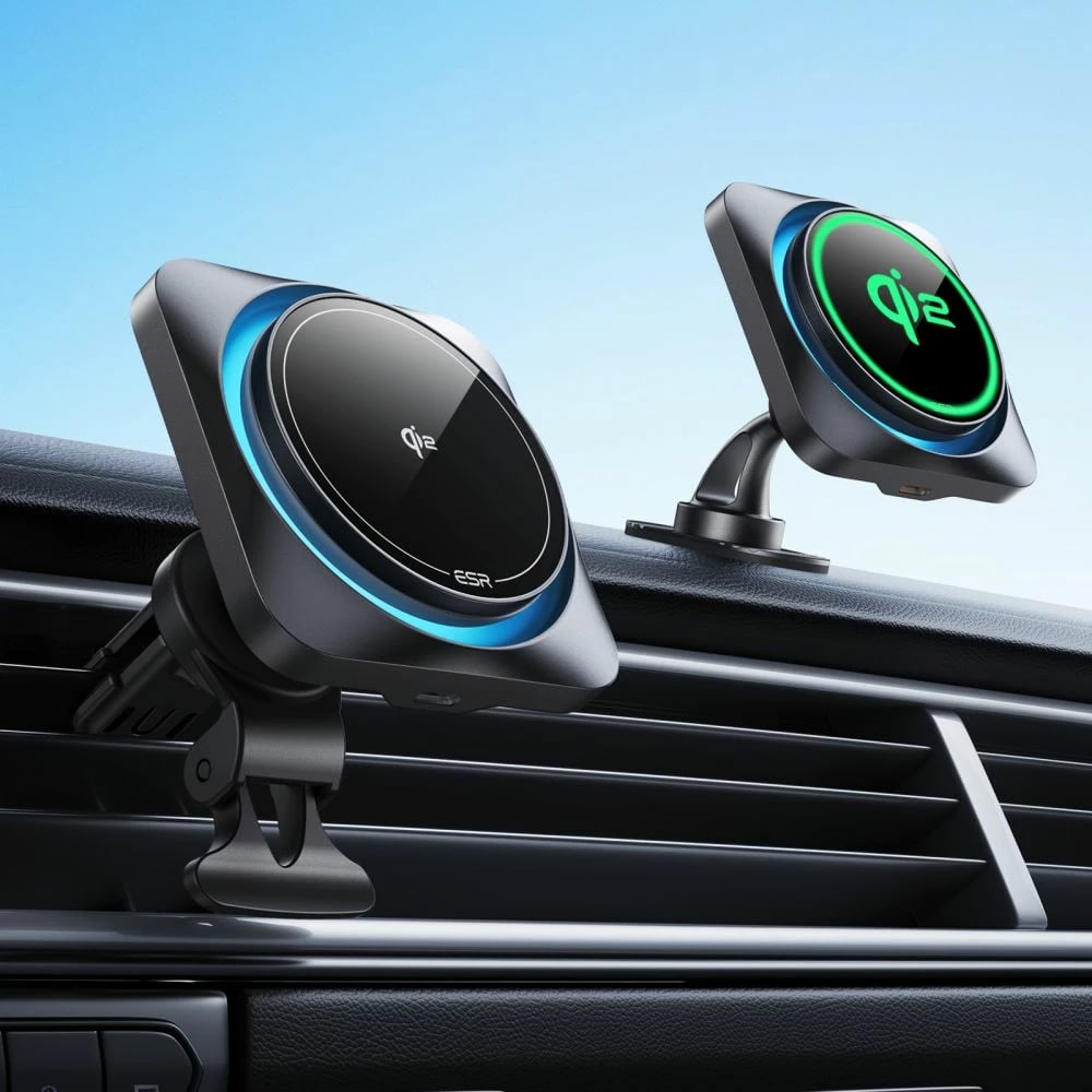 Mbajtës dhe karikues wireless ESR HaloLock CryoBoost MagSafe për veturë, Qi2 15W, i zi