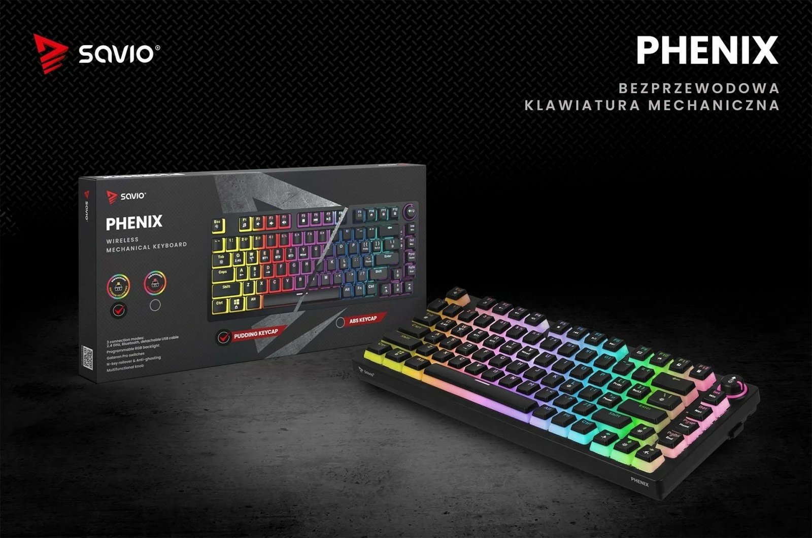 Tastierë mekanike Savio Phenix, Gateron Yellow Pro, wireless/përmes kabllos, RGB, e zezë Tastierë mekanike Savio Phenix, Gateron Yellow Pro, wireless/përmes kabllos, RGB, e zezë