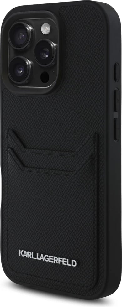 Mbështjellës Karl Lagerfeld HC Grained PU Cardslot Metal Elong për iPhone 16 Pro, i zi