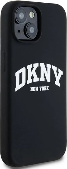 Mbështjellës DKNY Liquid Silicone me logo të bardhë, MagSafe, për iPhone 15 / 14 / 13, i zi