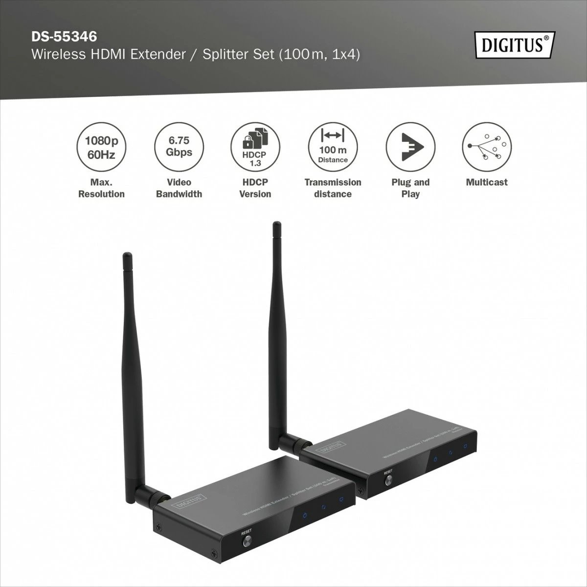 Set wireless HDMI extender Digitus DS-55346, 100m, 1080p, 60Hz, i zi