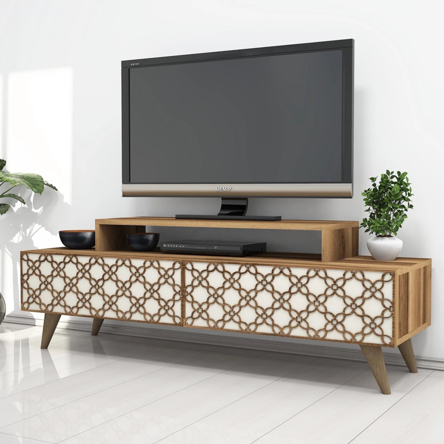 Stendë TV melamine, ngjyrë arre dhe krem, FH9510.03, 140x41.8x48.8 cm