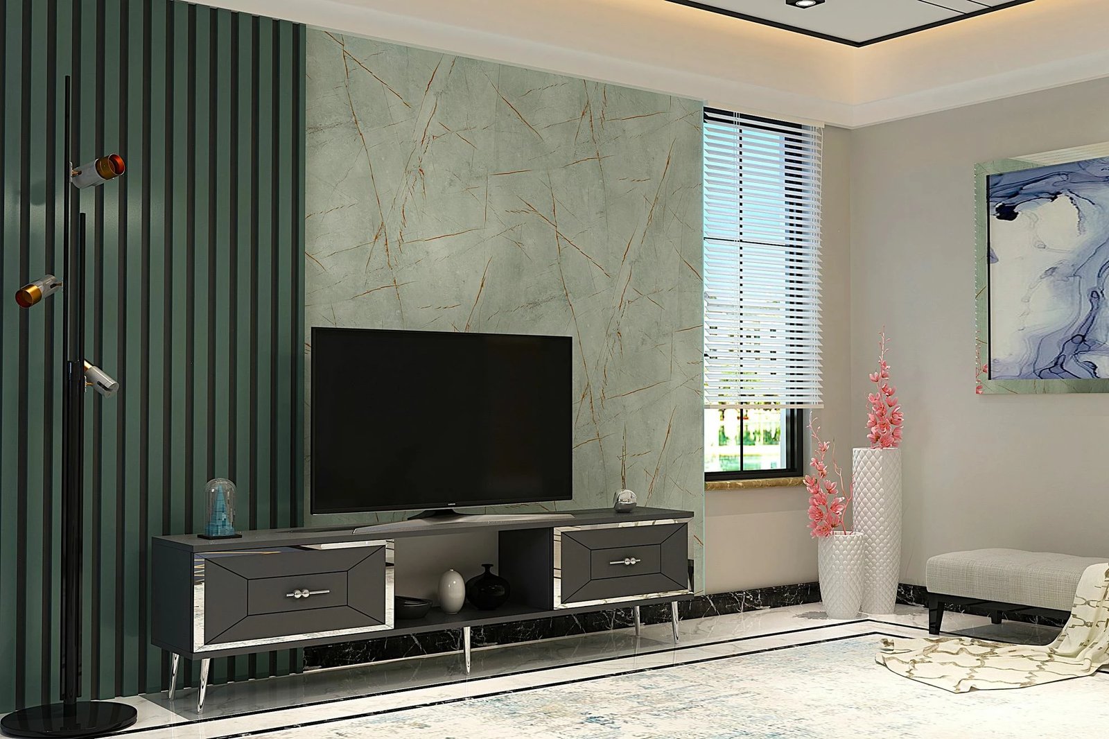 Komodë TV Skye Decor, ngjyrë antracit dhe argjendi, Arno