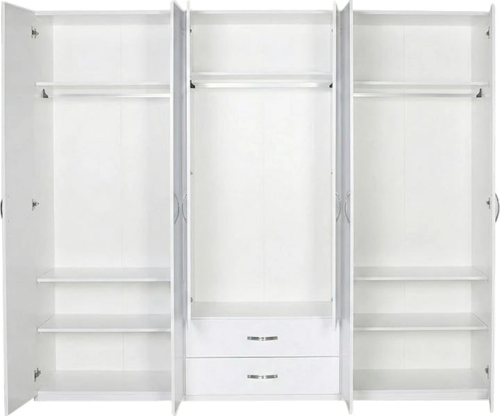 Dollap Dormie me gjashtë dyer, sirtarë, ngjyrë e bardhë, 206x52x213cm