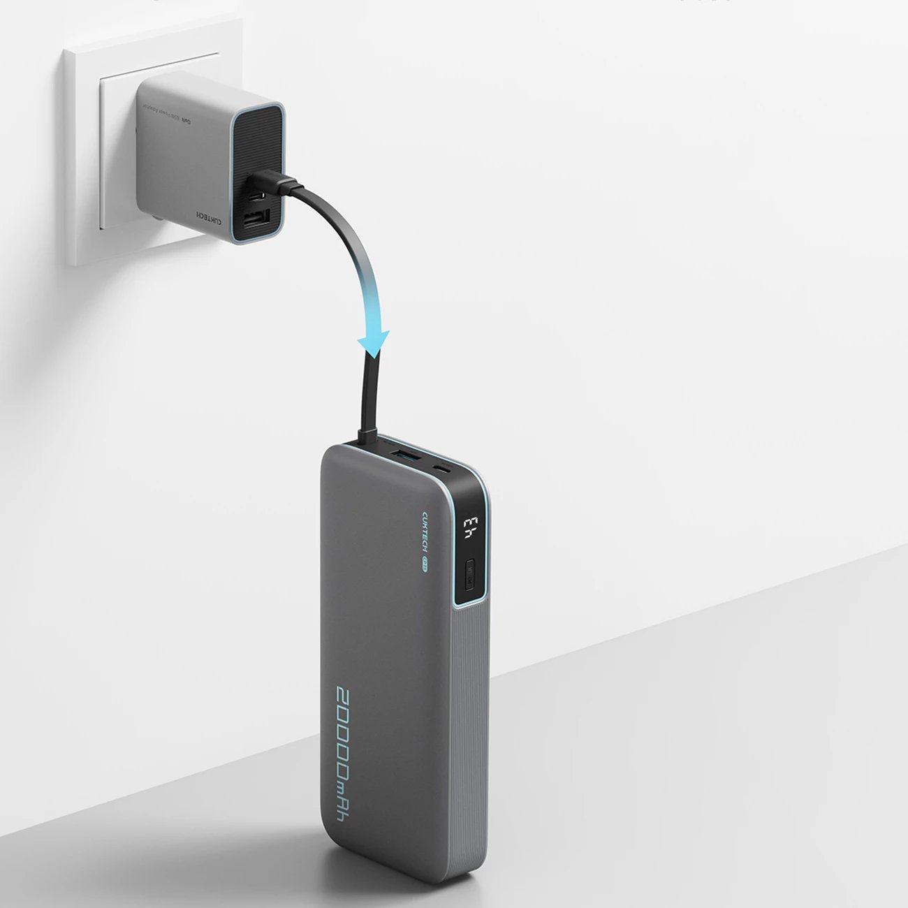 Powerbank Cuktech CUKP200NGLDG 20000mAh, 55W, me kabllo USB-C të integruar, Gri