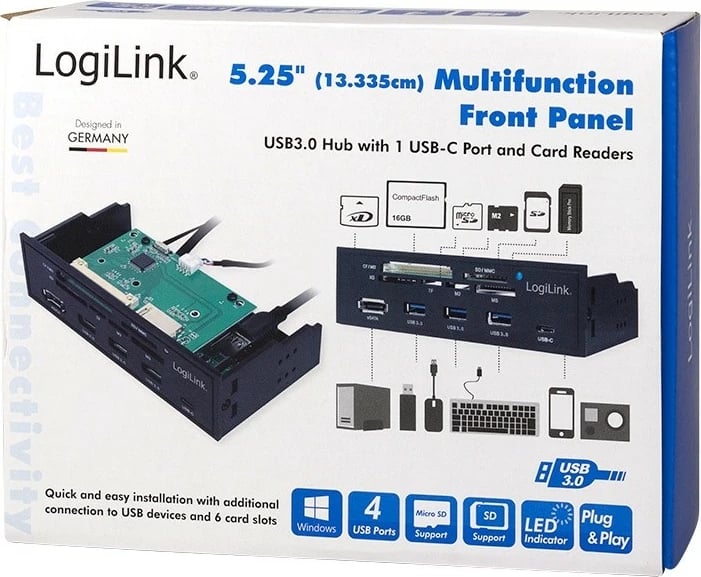 Panel multifunksional 5.25" LogiLink UA0341 me lexues kartash, 3x USB 3.0, USB-C, eSATA, i zi