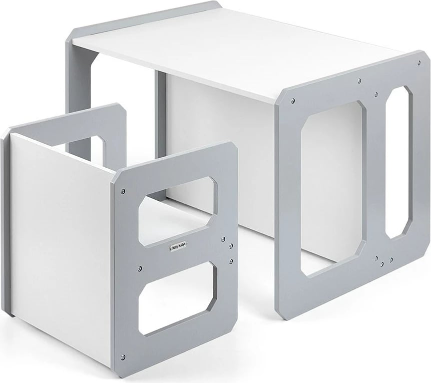 Set mobilje fëmijësh 3‑në‑1, Milly Mally, Stella, modulare MDF, tavolinë + karrige, për moshat 3–6 vjeç, gri, set