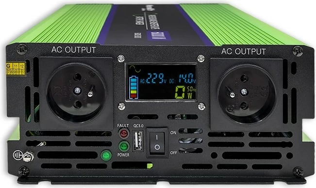 Konvertues voltazhi Qoltec Monolith 51945, 12V në 230V, 3000W/6000W, valë e pastër, LCD, Gjelbër