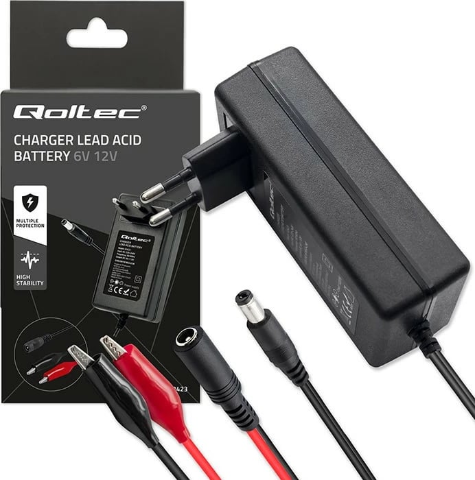 Karikues automatik baterie Qoltec 52423, 6V/12V, 1.5A, me LED, i zi