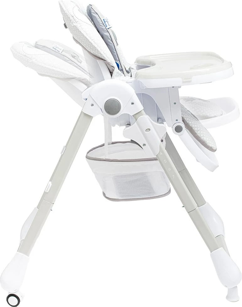 karrige e lartë ushqimi, BABY MIX, Infant, rregullim 7 nivele, tabaka dyshe, brez 5‑pikësh, me rrota me frena, gri