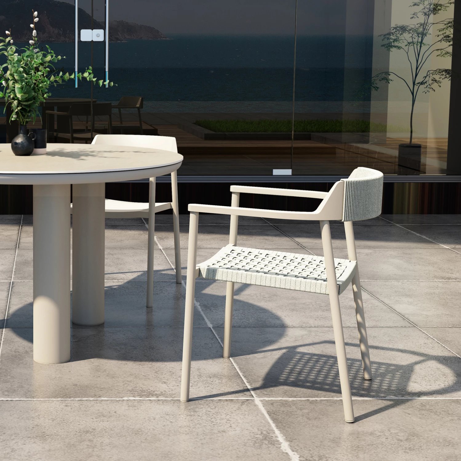 Karrige ngrënieje për jashtë, alumini krem i bardhë, litar P.E. bezhë, HELIA CD6200.02, 57x56.5x76.5cm