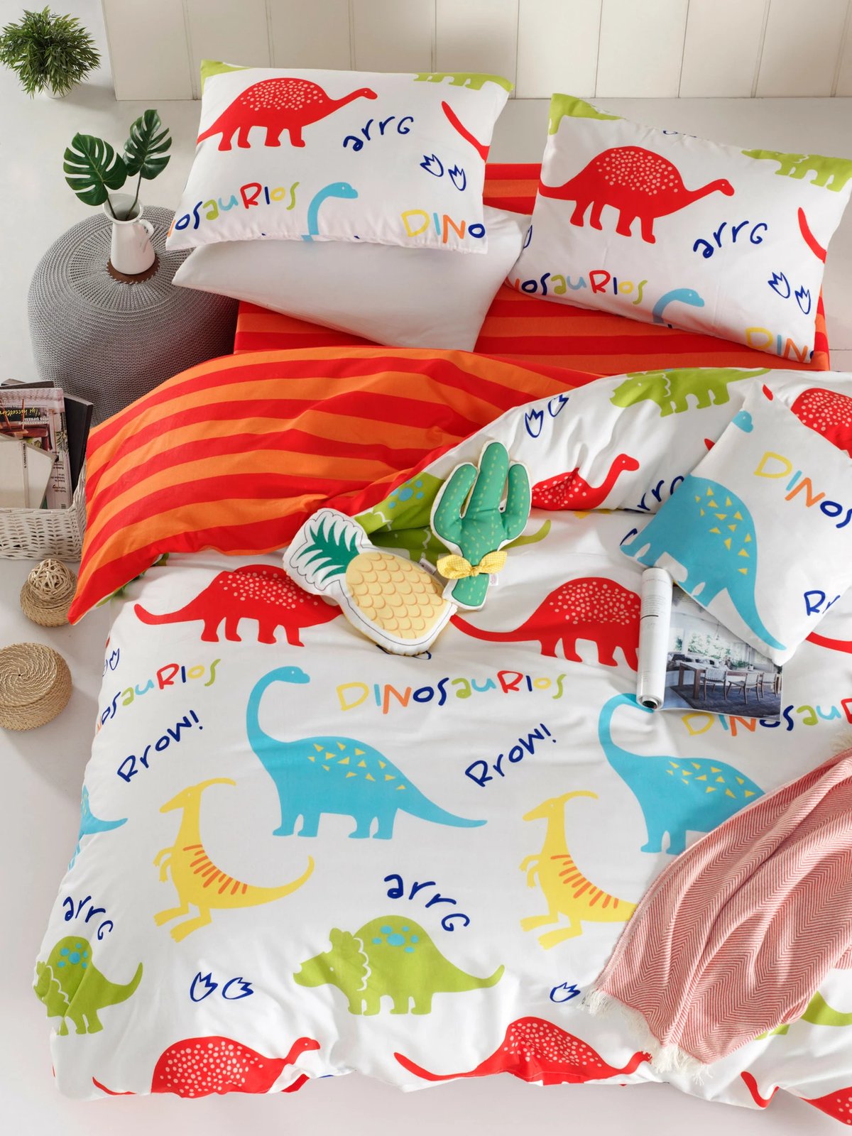 Set mbulesë për jorgan king size, Dinazorus, ngjyrë e bardhë