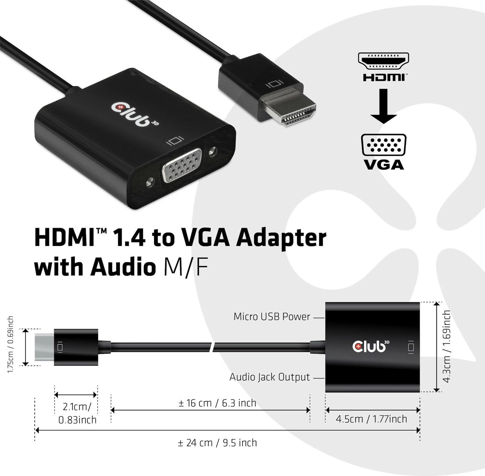 Adapter HDMI në VGA Club3D, 0.5m, me audio, i zi