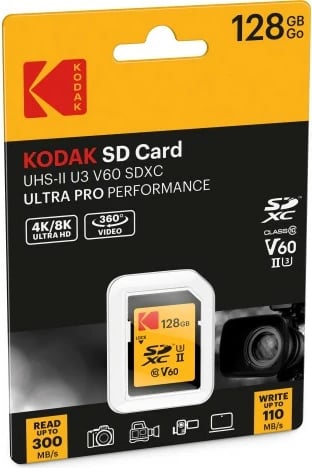 Kartelë memorie Kodak SDXC 128GB UHS-II U3 V60, e zezë/portokalli Kartelë memorie Kodak SDXC 128GB UHS-II U3 V60, e zezë/portokalli