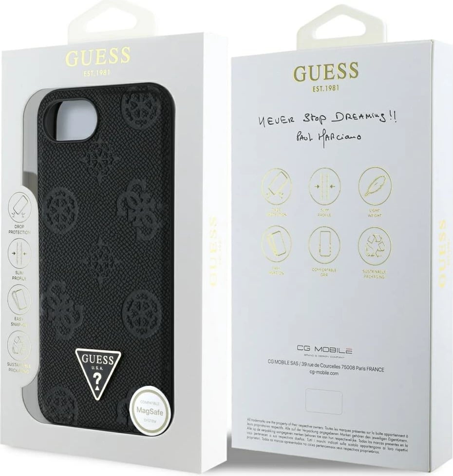 Mbështjellës Guess Grained Hot Stamp Peony Triangle Logo MagSafe për iPhone 16e, i zi Mbështjellës Guess Grained Hot Stamp Peony Triangle Logo MagSafe për iPhone 16e, i zi