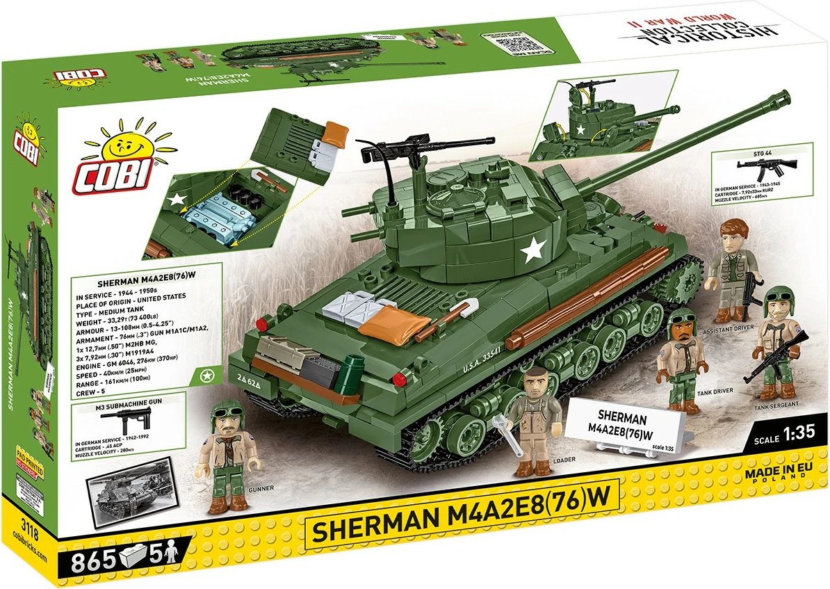 Set blloqesh Cobi Sherman M4A2E8 (76)W, 865 pjesë, 5 figurina, Jeshile