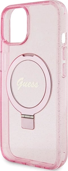Mbështjellës Guess Ring Stand Script Glitter MagSafe për iPhone 15 Plus / 14 Plus, Rozë