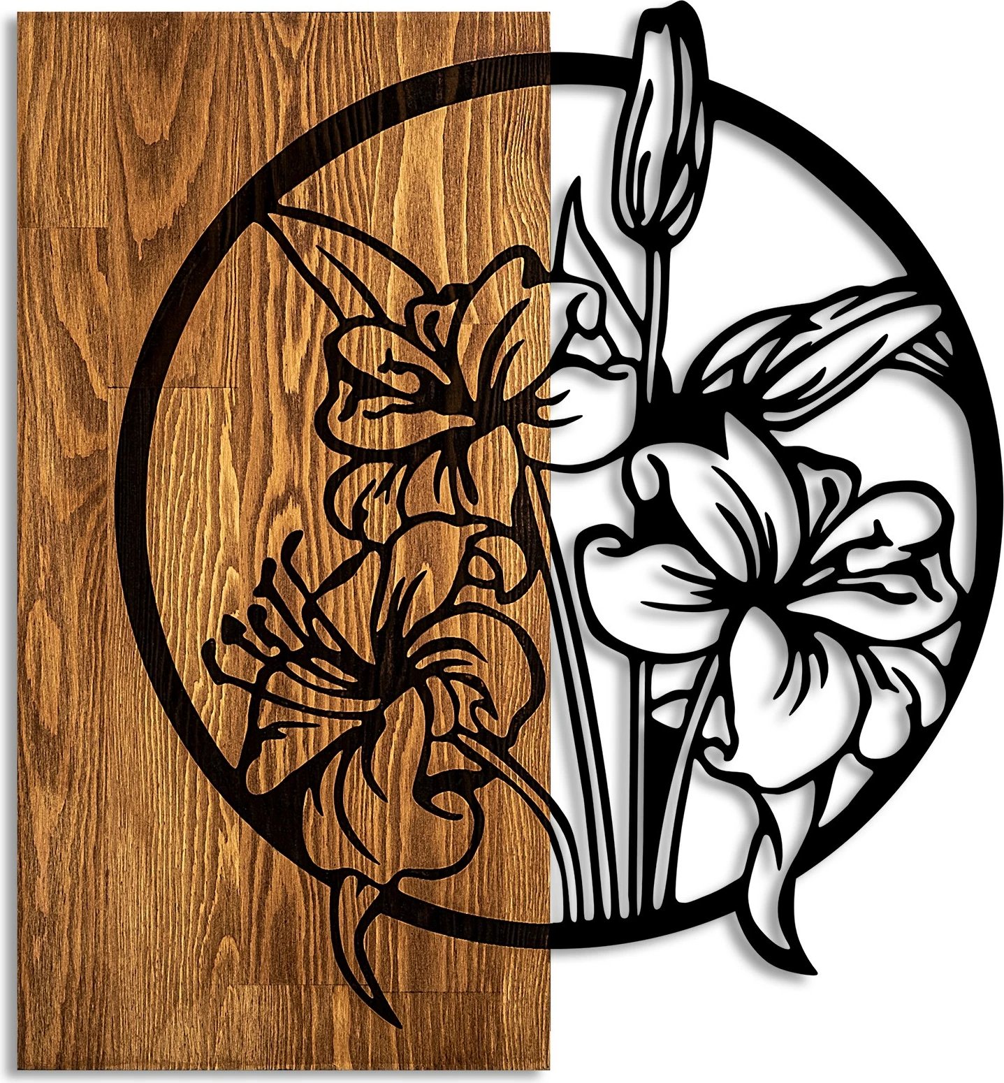 Aksesor dekorativ prej druri për mur, Wallity, lule, ngjyrë arre dhe e zezë