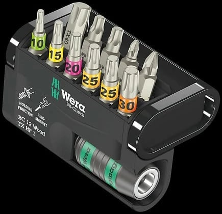 Set bitash Wera 11 copë, Pozidriv, Torx Plus, 1/4 inch, me mbajtës, zi/metalik