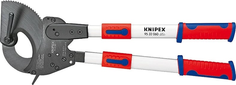 Prerëse kabllosh Knipex 95 32 060, mekanizëm ratchet, dorezë e gjatë, e kuqe/blu