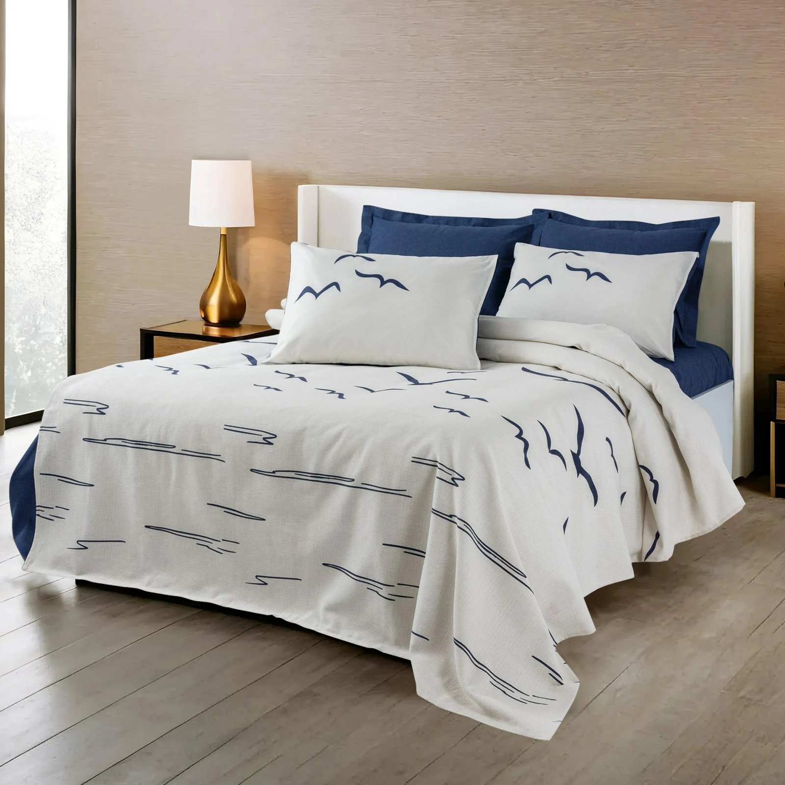 Batanije pique njëpersonëshe, ngjyrë kaltër e errët, L'essentiel, 155x220cm