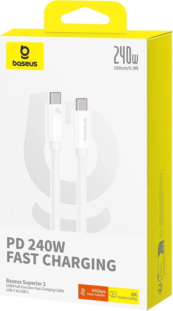 Kabllo USB-C/USB-C Baseus Superior 2 CB000066, 1.8m, 240W, e bardhë