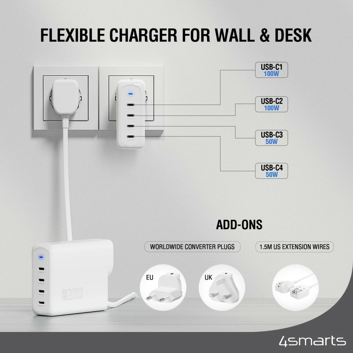 Karikues universal 4smarts 544200, 200W, 4 porte USB, i bardhë