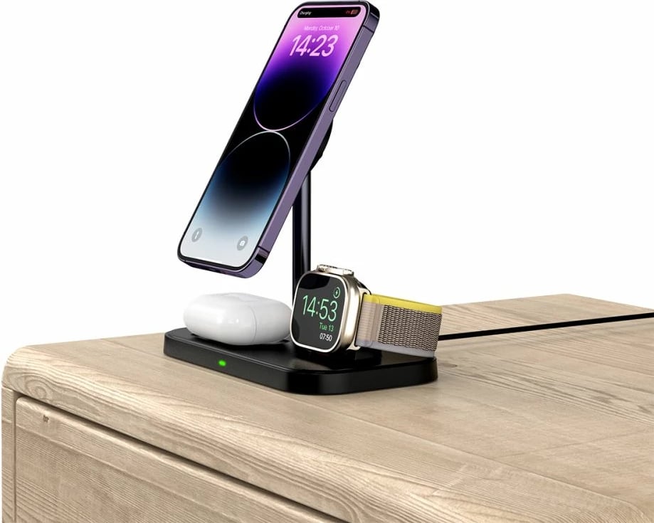 Karikues induktiv 3-në-1 Tech-Protect QI15W-A22 me MagSafe, për smartphone, Apple Watch dhe AirPods, i zi