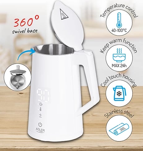 Çajnik elektrik, Adler AD 1345, rregullim temperature, ekran LED, 1.7 L, STRIX, i bardhë