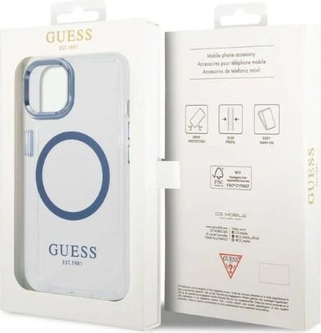 Mbështjellës Guess Metal Outline MagSafe për iPhone 14 Plus/15 Plus, Kaltër/Transparent