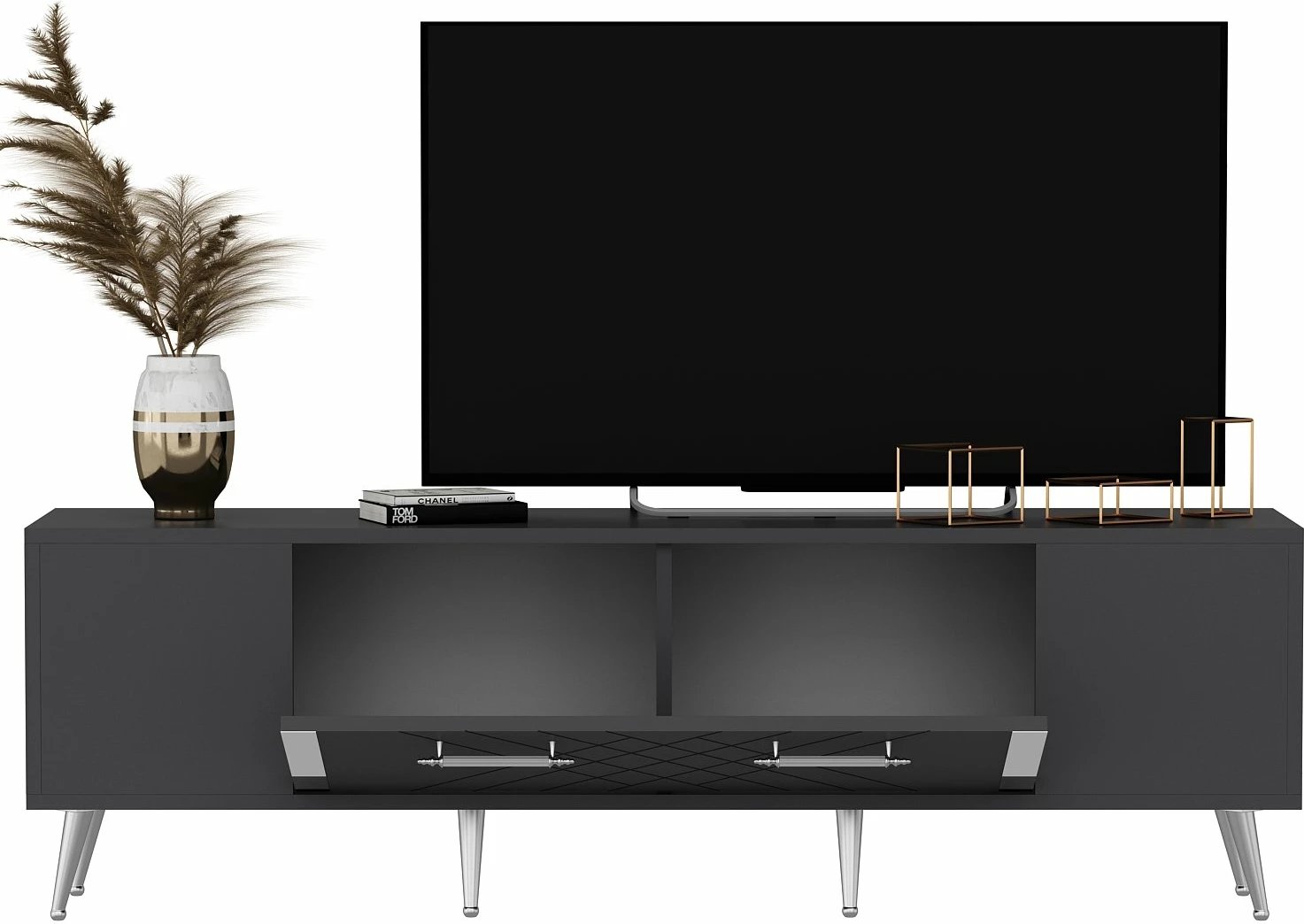 Komodë televizori, ngjyrë antracit dhe argjendi, Skye Decor, Detas