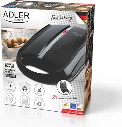 Pjekës biskotash në formë arre, Adler AD 3039b, XL 24 gjysmë-ara, 1400W (max 1600W), e zezë