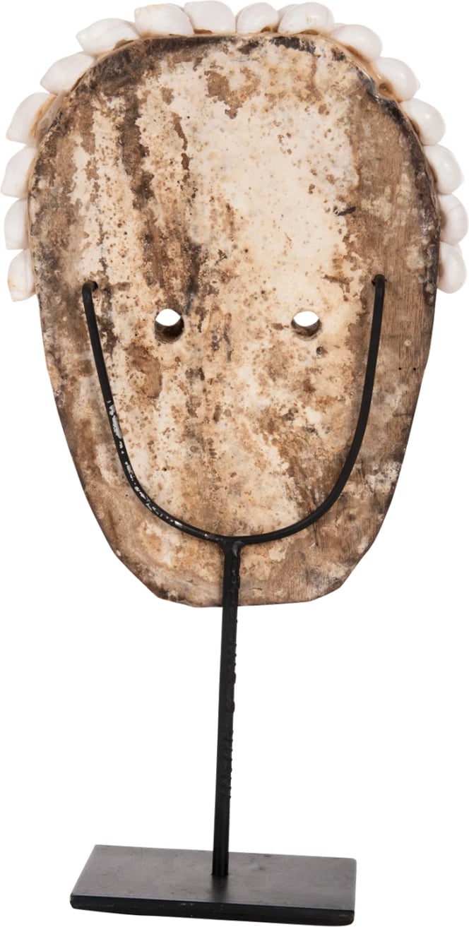 Dekor tavoline, fytyrë prej druri dhe guaskash, në qëndrim metalik të zi, FH4314, 16x11x32H cm