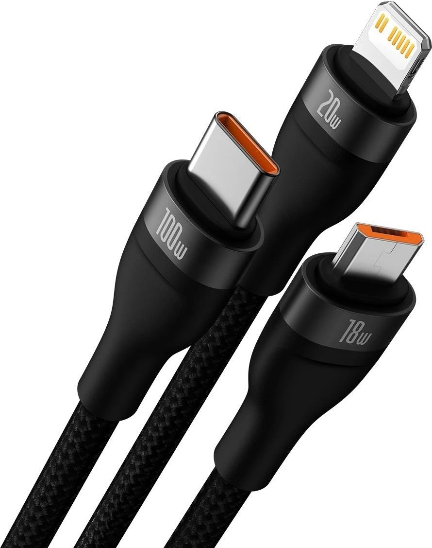 Kabllo multifunksional Baseus Flash Series II CASS030101, 1.2m, 100W, USB-A/USB-C/Lightning/micro USB, e zezë