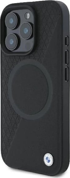 Mbështjellës BMW Signature Leather Half Textured & Circle MagSafe për iPhone 16 Pro, i zi
