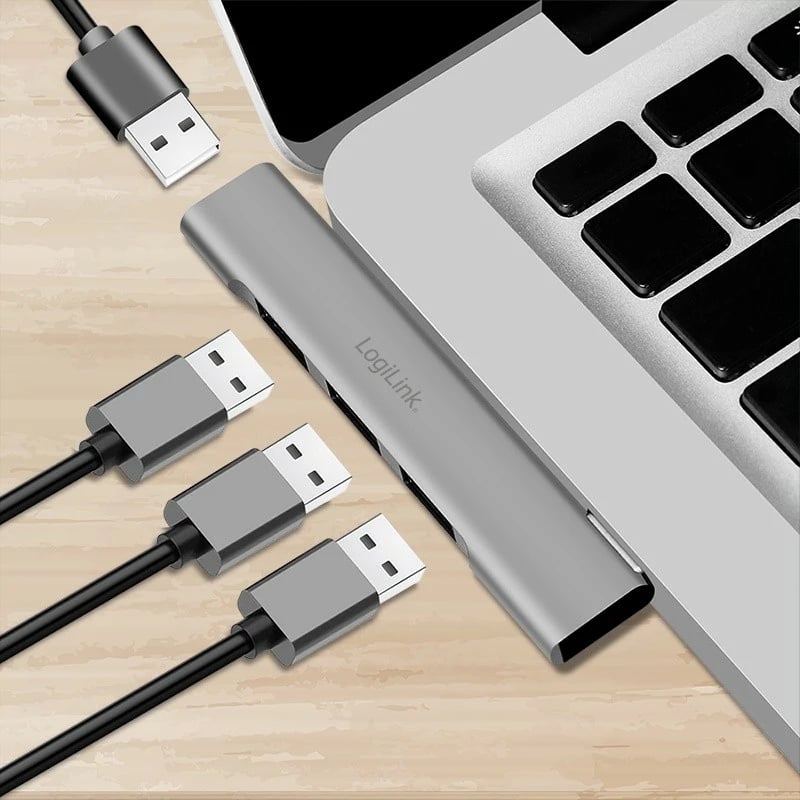 USB-C HUB LogiLink UA0437, 4 porta USB (1x USB 3.0, 3x USB 2.0), argjendtë
