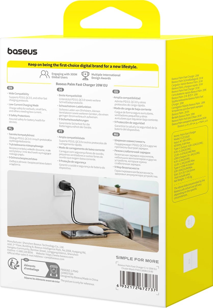 Karikues muri Baseus Palm 20W, USB-C & USB-A, i zi