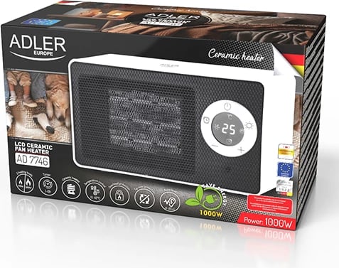 Ngrohës ventilator keramik, Adler, AD 7746, 1000W, LCD, timer 1-8h, rregullim 10-49°C, dy nivele 700W/1000W, i zi/i bardhë