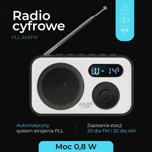 radio digjitale PLL AM/FM Adler AD 1906, LCD, 20+20 memorje, USB‑C, dalje kufje 3.5 mm, 0.8 W, bardh e zi