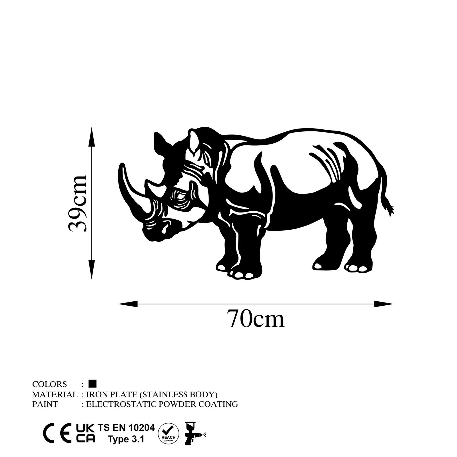Aksesor dekorativ muri prej metali, Wallity, rinoceront, ngjyrë e zezë