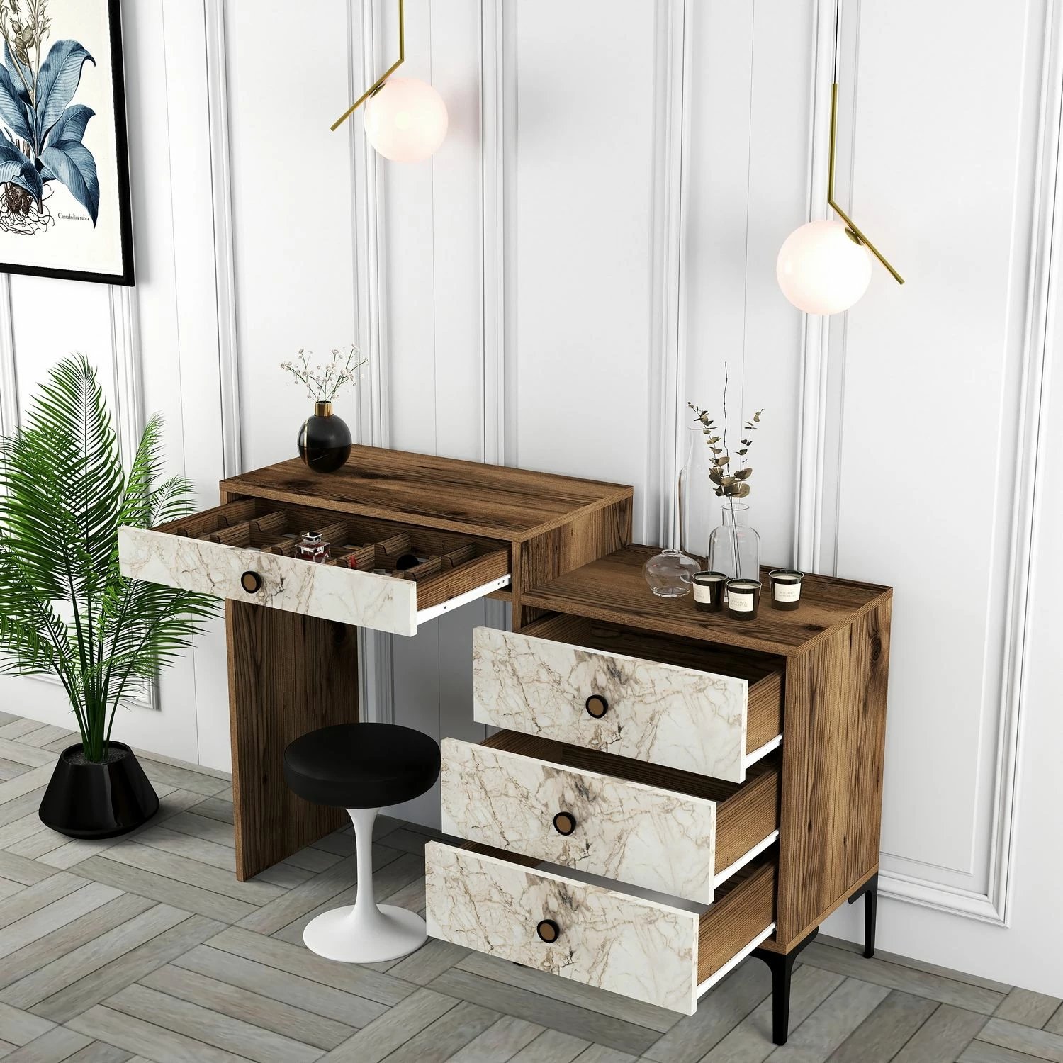 Tavolinë grimi Hanah Home, Lizbon 552, ngjyrë arre dhe e bardhë