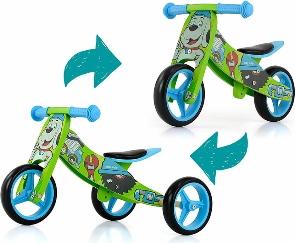 bicikletë 2-në-1 për fëmijë Milly Mally JAKE, dru, rrota shkumë 7 inç, sedilje e rregullueshme, ngarkesa maks 25 kg, 18-36 muaj, blu
